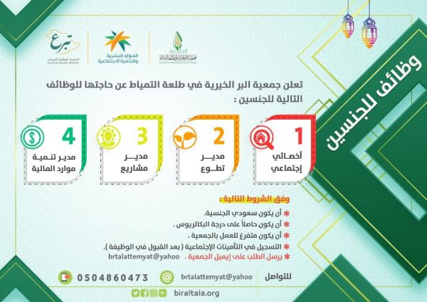 وظائف شاغرة لحملة البكالوريوس للرجال والنساء لدى جمعية البر في طلعة التمياط 3