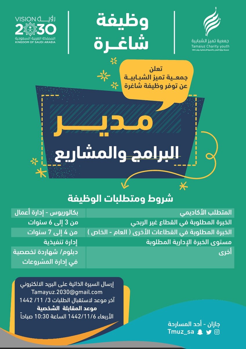 وظائف شاغرة للجنسين لدى جمعية تميز الشبابية بمحافظة أحد المسارحة 4 وظائف شاغرة للجنسين لدى جمعية تميز الشبابية بمحافظة أحد المسارحة 3