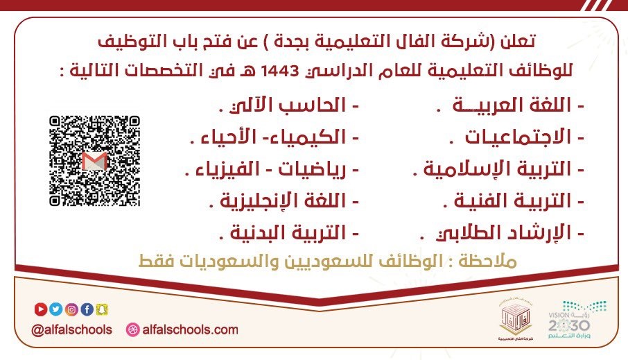 فتح باب التوظيف للوظائف التعليمية 1443هـ لدى شركة الفال التعليمية بمحافظة جدة 4 فتح باب التوظيف للوظائف التعليمية 1443هـ لدى شركة الفال التعليمية بمحافظة جدة 3