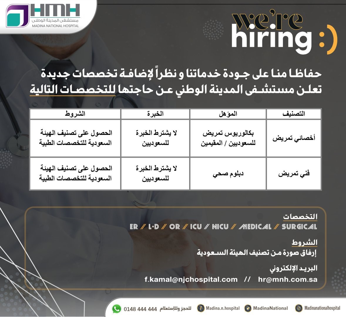 وظائف بمجال التمريض لحملة الدبلوم فأعلى لدى مستشفى المدينة الوطني 4 وظائف بمجال التمريض لحملة الدبلوم فأعلى لدى مستشفى المدينة الوطني 3