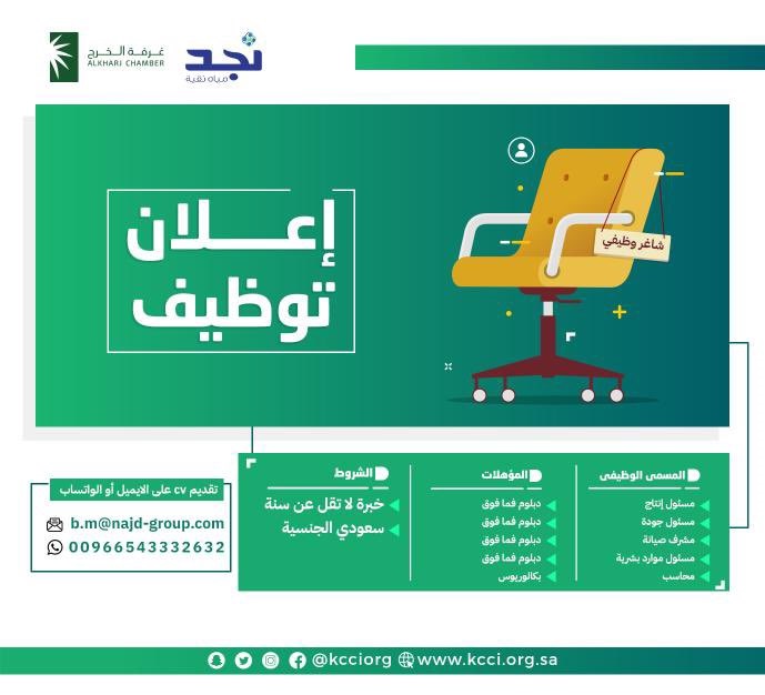 وظائف شاغرة في منشآت القطاع الخاص لحملة الدبلوم فأعلى لدى غرفة الخرج 6 وظائف شاغرة في منشآت القطاع الخاص لحملة الدبلوم فأعلى لدى غرفة الخرج 5