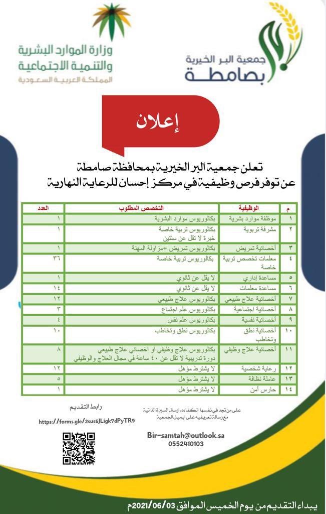 أكثر من 100 وظيفة للجنسين بعدة مجالات لدى جمعية البر الخير بمحافظة صامطة 4 أكثر من 100 وظيفة للجنسين بعدة مجالات لدى جمعية البر الخير بمحافظة صامطة 3