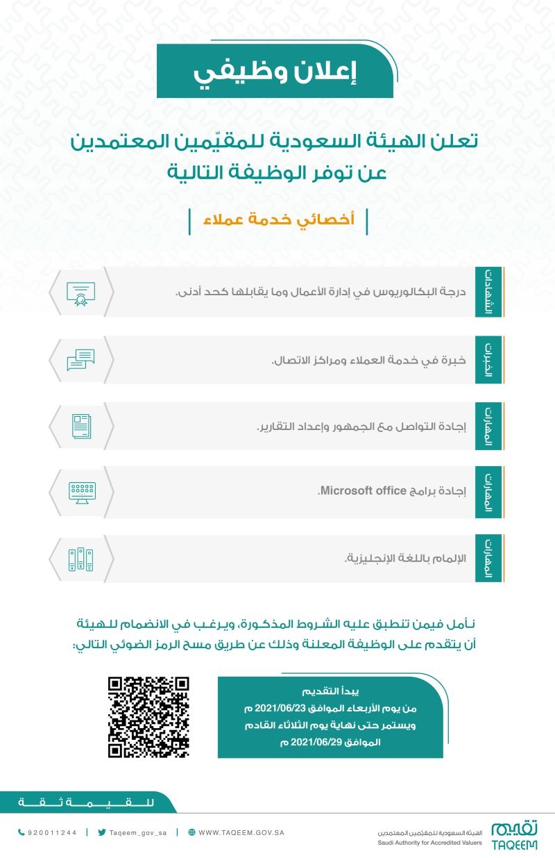 وظائف شاغرة بمجال خدمة العملاء لدى الهيئة السعودية للمقيمين المعتمدين بالرياض 4 وظائف شاغرة بمجال خدمة العملاء لدى الهيئة السعودية للمقيمين المعتمدين بالرياض 3