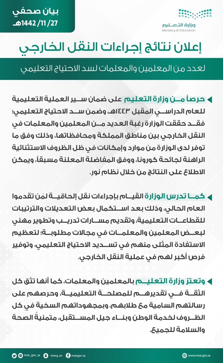 نتائج إجراءات النقل الخارجي لسد الاحتياج التعليمي لدى وزارة التعليم 4 نتائج إجراءات النقل الخارجي لسد الاحتياج التعليمي لدى وزارة التعليم 3