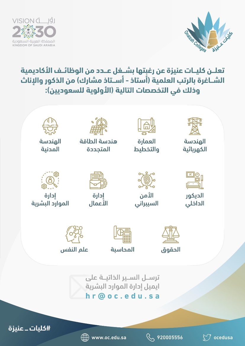 وظائف أكاديمية شاغرة رجال / نساء في مختلف التخصصات لدى كليات عنيزة 4 وظائف أكاديمية شاغرة رجال / نساء في مختلف التخصصات لدى كليات عنيزة 3