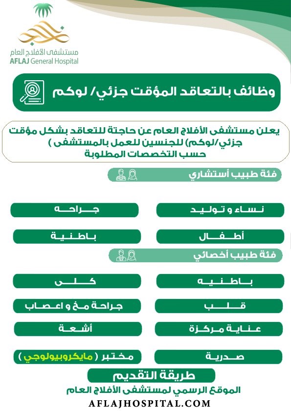 مستشفى الأفلاج العام يعلن حاجته للتعاقد بشكل مؤقت جزئي / لوكم للجنسين 3