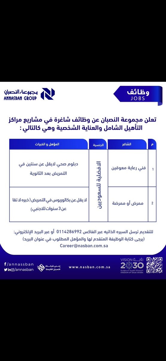 وظائف شاغرة في مشاريع مراكز التأهيل الشامل والعناية الشخصية لدى مجموعة النصبان 4 وظائف شاغرة في مشاريع مراكز التأهيل الشامل والعناية الشخصية لدى مجموعة النصبان 3