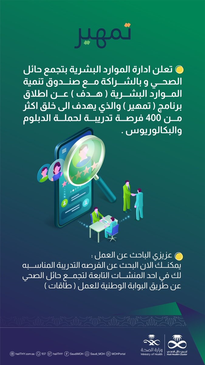 400 فرصة تدريب على رأس العمل لحملة الدبلوم فأعلى لدى تجمع حائل الصحي 4 400 فرصة تدريب على رأس العمل لحملة الدبلوم فأعلى لدى تجمع حائل الصحي 3
